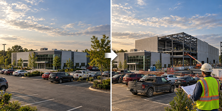 When to Update a Lightning Risk Assessment: What Changes the Result Before and after: a two-storey office building, then the same site with a taller steel-frame extension under construction beside it