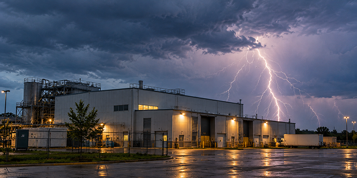 Lightning strikes near an industrial facility with tanks and loading bays during a thunderstorm at dusk